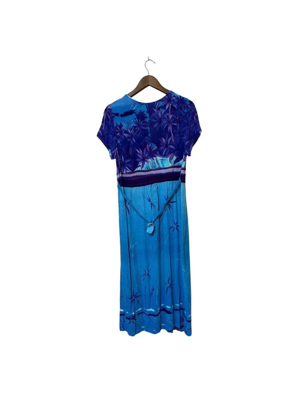 Tropical Print Maxi Dress Blue & Purple Short Sleeve Tie Waist Casual Boho gauze - Picture 2 of 6